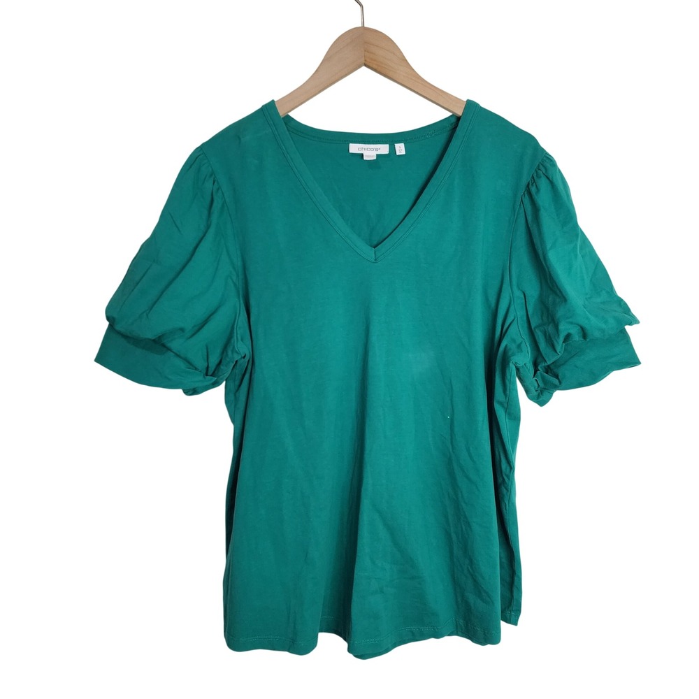 Chico's Puff Sleeve Top Women Size 3 XL Green V-Neck Cotton Blend‎ Short Sleeve
